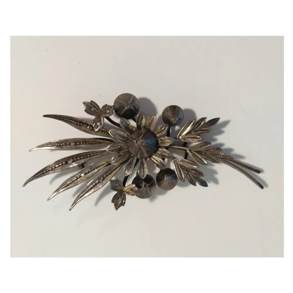 Victorian Antique Austrian Branch Brooch Ring Set Rose Cut Diamond Silver Leaf - Picture 12 of 16